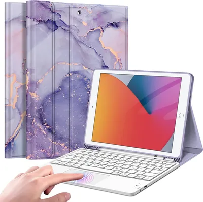 Produktbild von Fintie Tastatur Hülle für iPad (9. / 8. und 7. Generation - 2021/2020/2019), iPad 10.2 Hülle mit Tastatur, Deutscher Tastatur mit Touchpad Magnetisch Abnehmbarer Keyboard, Marmor Lila