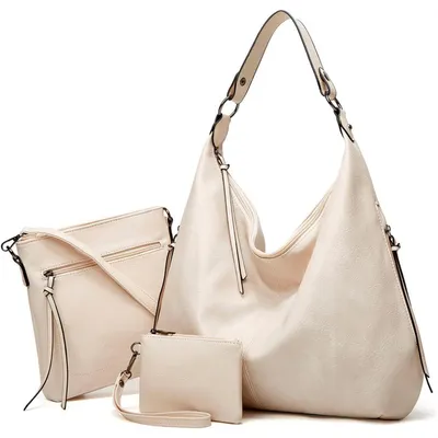 Productafbeelding van Damen handtasset, vintage stijl, Polyurethanleer, hobotas, schoudertas, crèmekleurig
