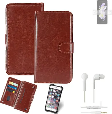 Produktbild von K-S-Trade 360° Hülle kompatibel mit Samsung Galaxy Z Flip4 inkl. Headphones braun Kunstleder Case BookCase WalletCase Kunstlederederhülle