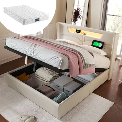 Produktbild von MODFU Hydraulisches bett Boxspringbett 140 x 200 mit Matratze Polsterbett mit LED und USB & Typ C Doppelbett mit lattenrost und Stauraum Beige