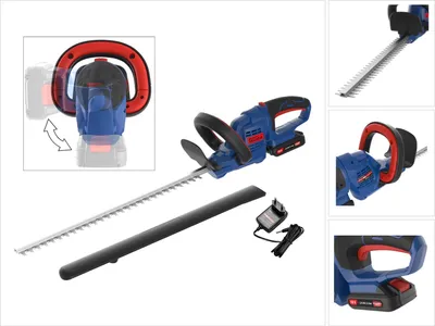 A cordless hedge trimmer and its accessories are displayed against a white background.