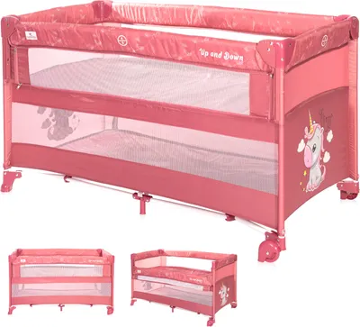 Produktbild von Lorelli 3in1 Babybett, Beistellbett und Laufstall Up and Down, Kinderbett mit 2 Ebenen und faltbarer Seitenwand, Baby Reisebett, rosa-rot