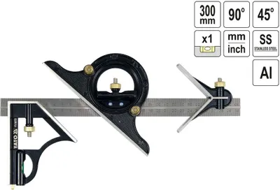 A set of combination squares and a protractor head are laid out on a white background, with informational text boxes in the upper right corner.