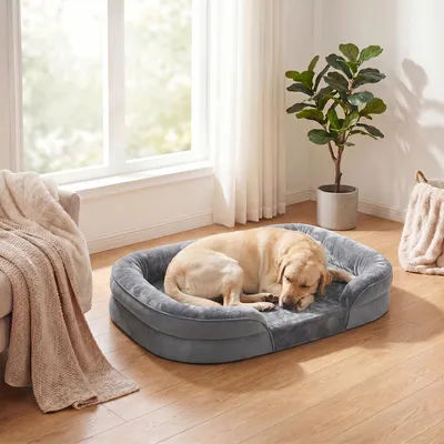 Produktbild von FEANDREA Hundebett, Hundekissen, wasserdichte Innenschicht, erhöhte Ränder, abnehmbarer, waschbarer Bezug, Grau