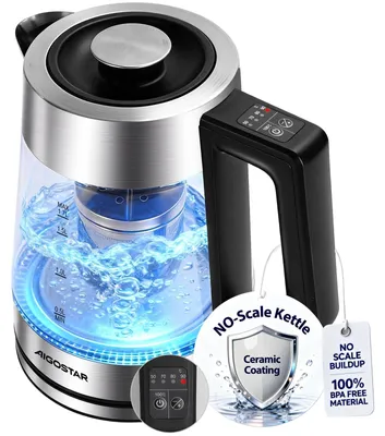 Wasserkocher 1,7 L, 2200 W, Temperaturregelung, Edelstahl/Glas, BPA-frei