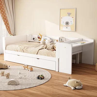 Produktbild von Flachbett 90x200 cm (Ohne Matratze) ausziehbarem Bett mit Schreibtisch drei Regale an der Seite des Bettes MDF Kiefernholz seitliche Regal Weiß
