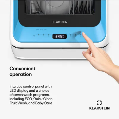 Obrázek produktu pro Klarstein Amazonia mini myčka nádobí - kompaktní stolní myčka s nádržkou na vodu, 7 programů, 5 l, digitální displej, tichá 58 dB, , přenosná pro malé kuchyně a cestování, modrá barva