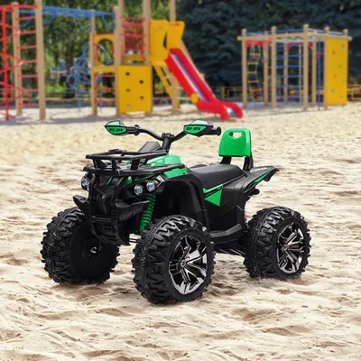 Zdjęcie produktu dla Elektryczny quad dla dzieci, prędkość 3–8 km/h, możliwość jazdy do przodu i do tyłu, wykonany z metalu i tworzywa sztucznego, kolor zielony. Wymiary: 100x65x73 cm. Zasilanie: 12V 10Ah. Opony profilowe o średnicy 36 cm. Dla dzieci od 3 roku życia