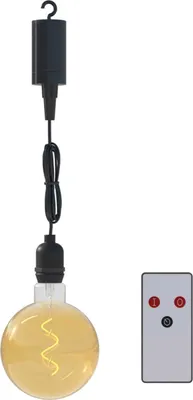 A hanging light bulb with a remote control on a white background.