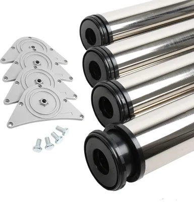 A set of four stainless steel table legs with mounting plates and screws, displayed on a white background.