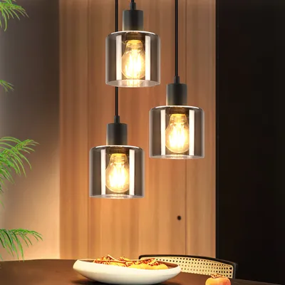 Produktbild von ZMH Pendelleuchte Schwarz Glas Esstisch 3 Flammig Hängelampe Vintage E27 Hängeleuchte Industrial Pendellampe Rund für Esszimmer Wohnzimmer Hotel Büro