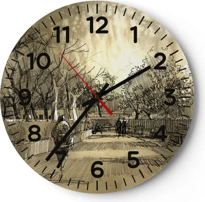 Produktbild von Wanduhr - Rund - Glasuhr - Park Spaziergang Baum - 30x30cm - Schleichendes Uhrwerk - Lautlos - zum Aufhängen bereit - Dekoration Modern - Wanddekoration aus Glas - C4AR30x30-3758