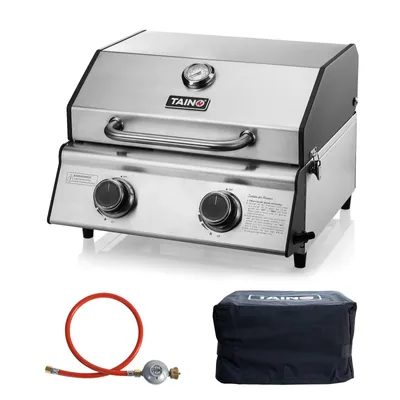 Produktbild von TAINO PLATINUM COMPACT Set Tischgrill Abdeckhaube Gasdruckminderer Gasgrill kompakt 2 Brenner Edelstahl