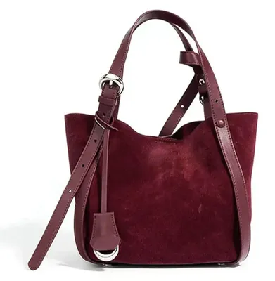 Produktbild von Damen Shopper aus Echtwildleder – Elegante Handtasche in Burgund mit Glattleder-Riemen & silberner Schnalle – Wildleder-Beuteltasche