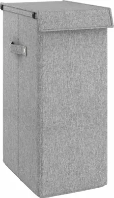A tall, rectangular, gray fabric laundry basket with a lid and handles is shown against a white background.