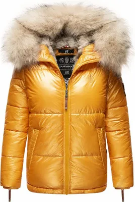 Produktbild von Navahoo Tikunaa Damen Vegane Winter Steppjacke mit Kapuze und Kunstfellbesatz, Parka, Winterjacke Gelb Gr. 40 - L