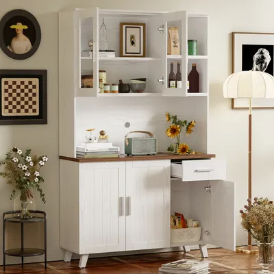 Image de Abrihome Armoire de cuisine Sideboard-114x40x190cm Armoire de rangement avec portes, tiroir, avec trous pour câbles, blanc