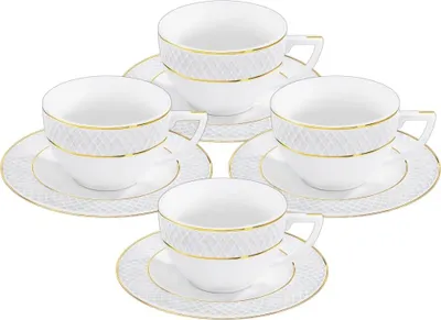 Zdjęcie produktu dla Zestaw 4 filiżanek do espresso Wilmax z spodkami, 90 ml, białe z złotym brzegiem, porcelana, WL-880102400/AB4