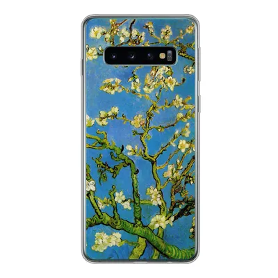 A clear product shot of a phone case with a painting of almond blossoms.