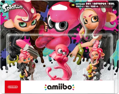 The image shows the packaging of Nintendo Amiibo Splatoon Octoling figures, featuring multiple characters and the "amiibo" logo.