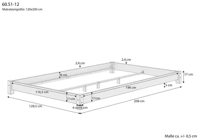 Immagine prodotto di Tre varianti di letto una piazza e mezza futon molto basso 120x200 in pino massello V-60.51-12Doghe in assi di legno rigide incl.
