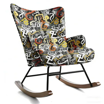 Image de Fauteuil à bascule, cadre en métal, base en bois, graffiti avec plusieurs symboles