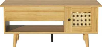 Immagine prodotto di okwish Tavolo da conferenza, mobile, tavolino, vetrinetta, mobile contenitore, soluzione versatile, con funzione di cerniera e anta in rattan, con cassetti, colore legno