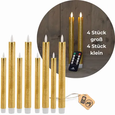 Produktbild von Sparset Stabkerzen LED mit Timer Klein+Groß GOLD 8 Stück GOLD indoor - 6 Stunden - ECHTWACHS 18cm+23cm Höhe für Kerzen 2,2cm Durchmesser 2 AAA Batterien notwendig LED Stabkerzen flackernde Flamme