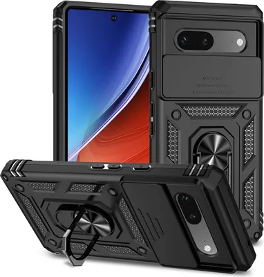 Image de Étui pour Google Pixel 7A étui double couche avec couvercle coulissant pour appareil photo et support annulaire noir