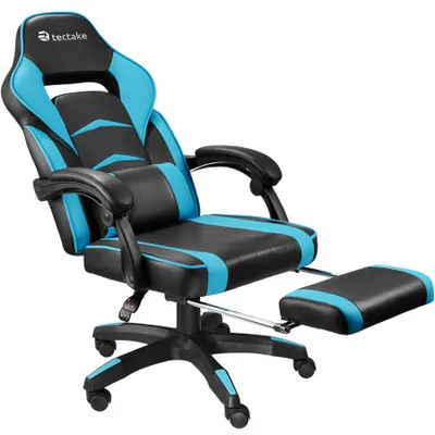 A black and blue gaming chair with an extended footrest, shown from a three-quarter angle against a white background.