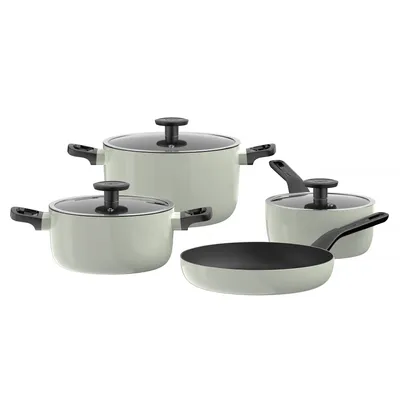 Produktbild von BergHOFF Leo 7-teiliges Kochtopf-Set, Antihaft-Keramikbeschichtung, Induktion, recyceltes Aluminium, grün, Glasdeckel, Antirutsch-Griffe