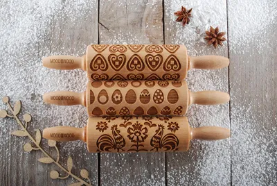 Image de MoodForWood Rouleau à pâtisserie en bois, 25 cm, avec poignées, jeu de 3, gravé, parfait pour la pâtisserie - Motif de Pâques