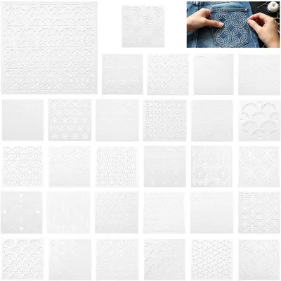 Produktbild von Sashiko Schablonen Set - 30-teilig wiederverwendbar für Textilgestaltung und Handquilten - Geometrische Vorlagen aus PET für Nähen und Stoffmalerei