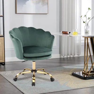 Image de Fortuna Lai Chaise de bureau réglable en hauteur Chaise pivotante en velours Fauteuil de bureau Fauteuil de maquillage à roulettes, fauteuil en velours pour chambre à coucher/bureau, vert + or