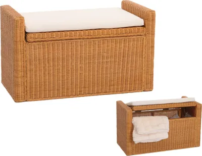 Produktbild von Sitzbank M92 Garderobenbank Bank Sitzhocker, mit Stauraum Kissen Kubu Rattan 88cm  honigfarben