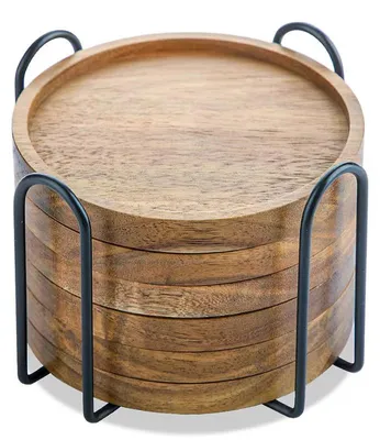 Produktbild von 6er Set Holz Untersetzer 10 cm, Akazienholz mit Halter, runde Glasuntersetzer mit Rand für Getränke