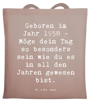 Produktbild von Mr. & Mrs. Panda Schultasche Spruch 1958 Geburtstag - Braun Pastell - Geschenk, Geburtstagsgeschenk, Shopping Tasche, liebevolle Botschaft, Jahrgang, Stoffbeutel, Alter