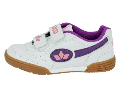 A side view of a white and purple children's sneaker with pink accents.