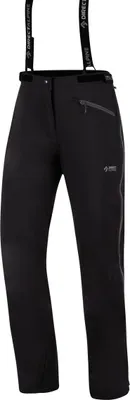 Schwarze Hardshellhose für Damen von DirectAlpine mit verstellbaren Trägern und seitlichem Reißverschluss.