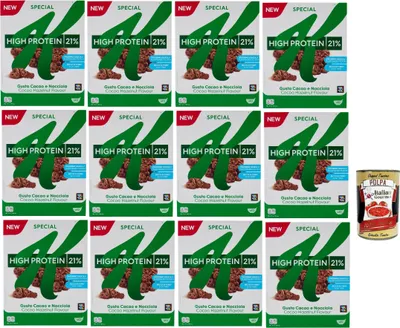 Produktbild von Special K High Protein 21%, Cereals Kakao und Haselnuss, Vollkorn Weizen und Gerste mit Vitaminen und Mineralstoffen, Frühstückscerealien, 12x 320 g + Italian Gourmet polpa 400g