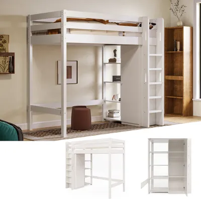 Produktbild von okwish Kinderbett Hochbett 90x200 cm mit Kleiderschrank und Regalen Einzelbett mit Rausfallschutz und Leiter Weiß