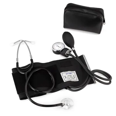 A manual blood pressure monitor and stethoscope are laid out on a white background, along with a black carrying case.
