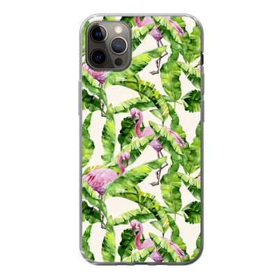 Produktbild von MuchoWow® Handyhülle Schutzhülle Hülle für iPhone 12 Pro Max Flamingo - Blätter - Muster Silikon Softcase Handy Hülle - Hartschale