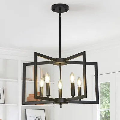 Image de Lustre moderne, lampe suspendue E14 pour table à manger, lustre rustique vintage, suspension en métal pour table à manger, idéale pour salle à manger, salon, hall d'entrée, couloir, avec structure en bois (noir, 5 lumières)