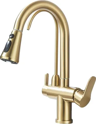 Immagine prodotto di Rubinetto dell'acqua, doppia maniglia, ugello estraibile, spazzola dorata
