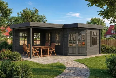 Produktbild von Alpholz 5-Eck Gartenhaus Pepe mit 40 mm Wandstärke inklusive Terrasse, 442 x 302 cm + 300 cm, Grau (Imprägniert)