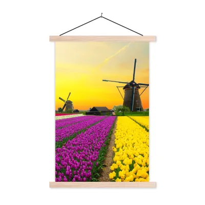 Produktbild von MuchoWow® Textilposter Windmühle - Tulpen - Blumen - Frühling 40x60 cm mit holzfarbenen Rahmen - Poster