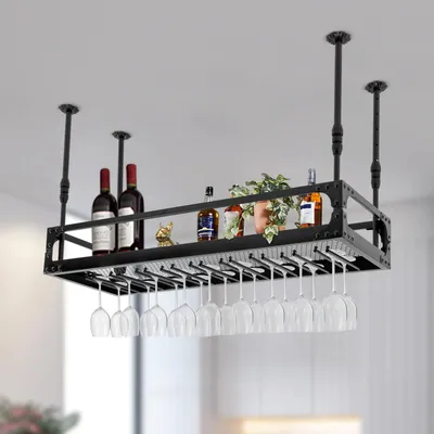 Image de Étagère à vin avec porte-verres - Étagère suspendue au plafond - Réglable en hauteur - 9 rails - Charge maximale 50 kg - Fer - Largeur des rails 3 cm - Noir