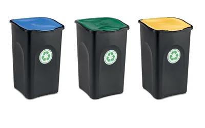 Three black trash cans with different colored lids (blue, green, yellow) and recycling symbols on them, arranged side-by-side on a white background.