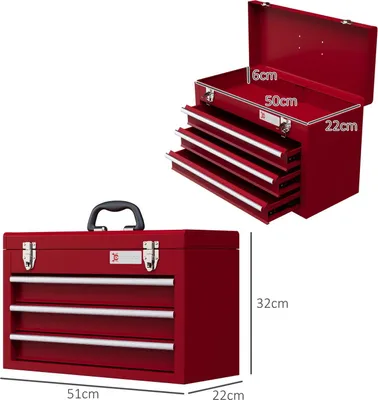 Produktbild von Werkzeugkoffer leer, 51x22x32cm Werkzeugkasten mit 3 Schubladen, oberes Staufach, Handgriff, Werkzeugkiste mit Schloss, Stahl, Rot